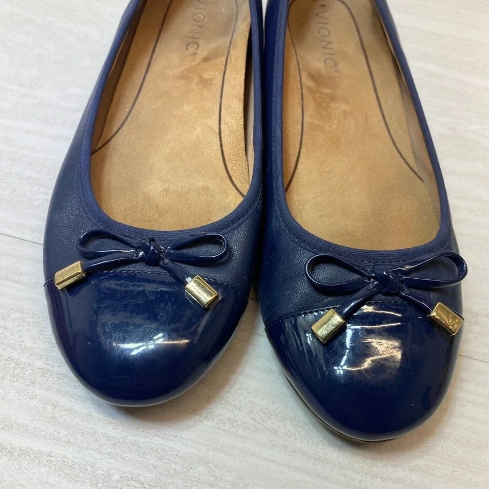 Vionic Womens 8.5 Minna Ballet Flat Orthotic Navy Blue Leather Patent Bow Toe